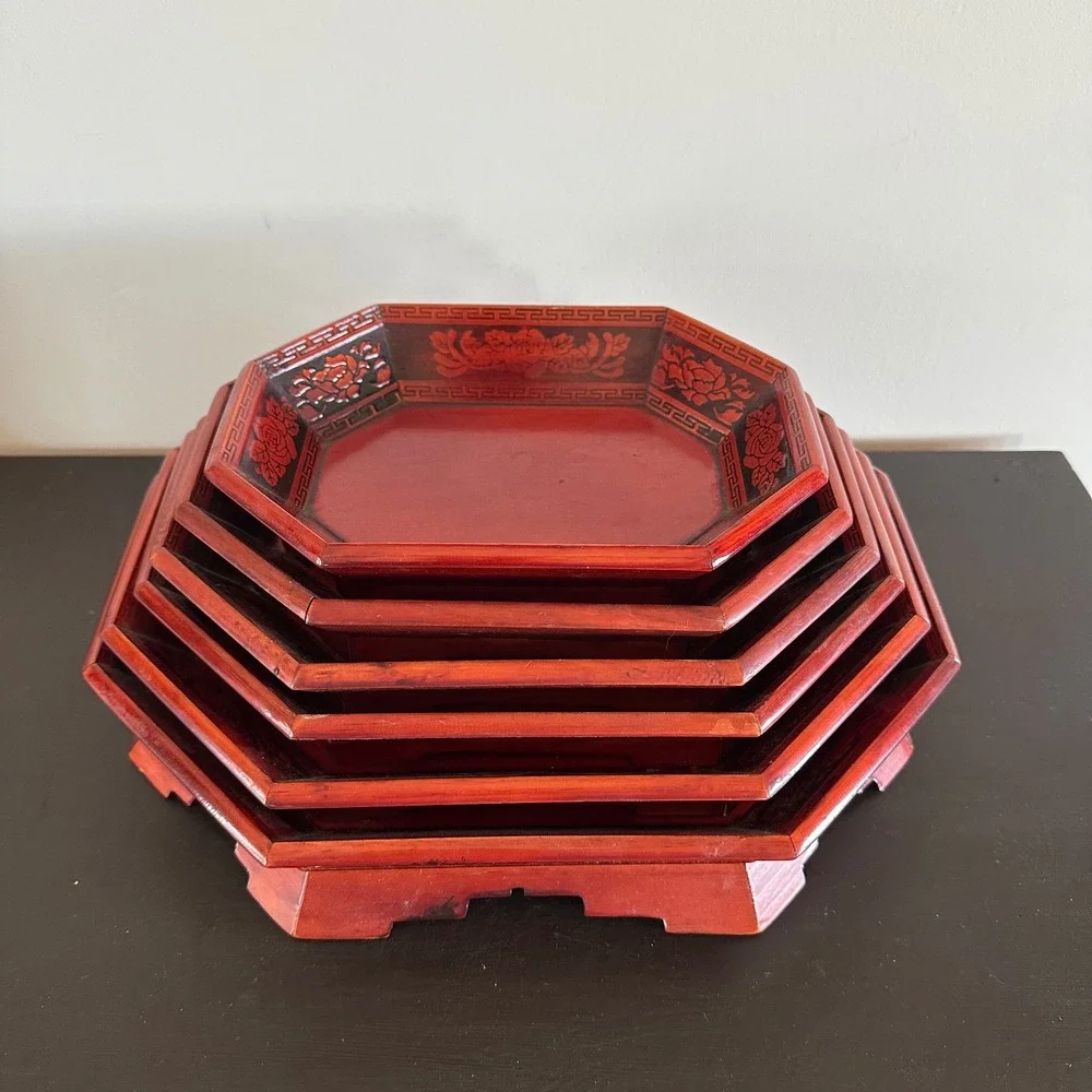 VTG Korean Red Lacquer Nesting Trays 6pc Set Octagon Carved Floral Asian Decor